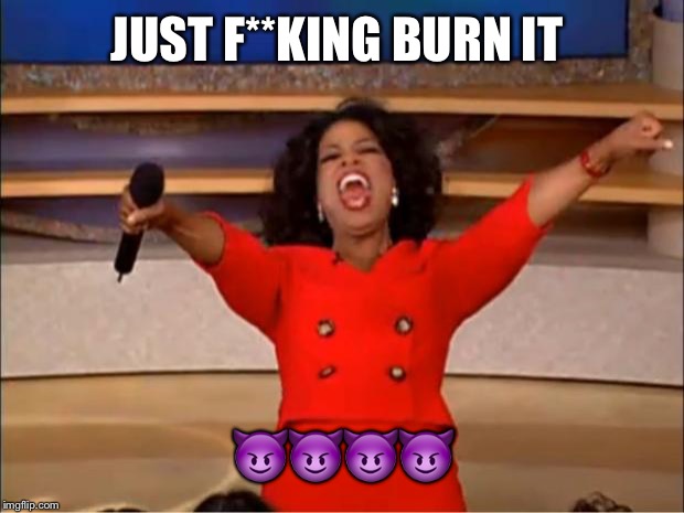 Oprah You Get A Meme | JUST F**KING BURN IT ???? | image tagged in memes,oprah you get a | made w/ Imgflip meme maker