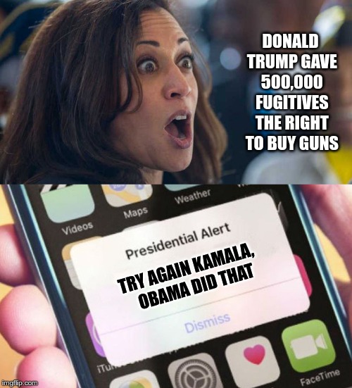 DONALD TRUMP GAVE 500,000 FUGITIVES THE RIGHT TO BUY GUNS; TRY AGAIN KAMALA,   OBAMA DID THAT | image tagged in memes,presidential alert,kamala harriss | made w/ Imgflip meme maker