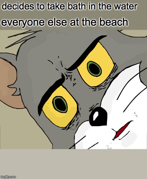 its just water! | decides to take bath in the water; everyone else at the beach | image tagged in memes,unsettled tom,beach,day at the beach,tom cat unsettled close up | made w/ Imgflip meme maker