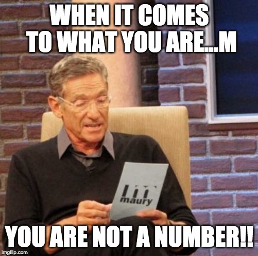 Maury Lie Detector Meme | WHEN IT COMES TO WHAT YOU ARE...M; YOU ARE NOT A NUMBER!! | image tagged in memes,maury lie detector | made w/ Imgflip meme maker