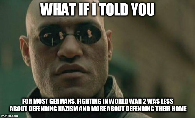 Matrix Morpheus | WHAT IF I TOLD YOU; FOR MOST GERMANS, FIGHTING IN WORLD WAR 2 WAS LESS ABOUT DEFENDING NAZISM AND MORE ABOUT DEFENDING THEIR HOME | image tagged in memes,matrix morpheus,nazism,germany,wehrmacht,nazi germany | made w/ Imgflip meme maker