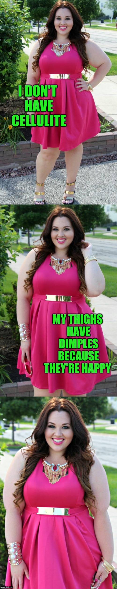 Sarah Rae Vargas joke template | I DON'T HAVE CELLULITE; MY THIGHS HAVE DIMPLES BECAUSE THEY'RE HAPPY | image tagged in sarah rae vargas joke template 1,sarah rae vargas,jbmemegeek,pretty woman,cute girl,cellulite | made w/ Imgflip meme maker