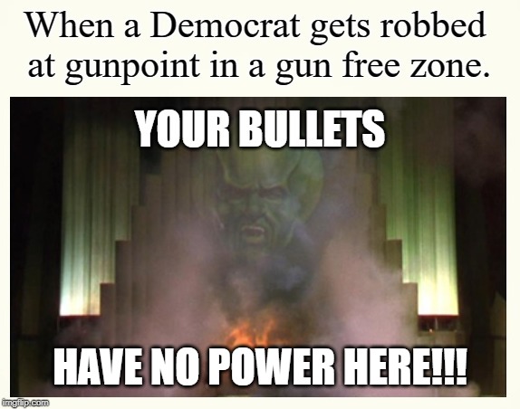 The All-Powerful Dumbass Has Spoken | HAVE NO POWER HERE!!! | image tagged in democrats,gun free zone,robbery,bullets,political meme,wizard of oz | made w/ Imgflip meme maker