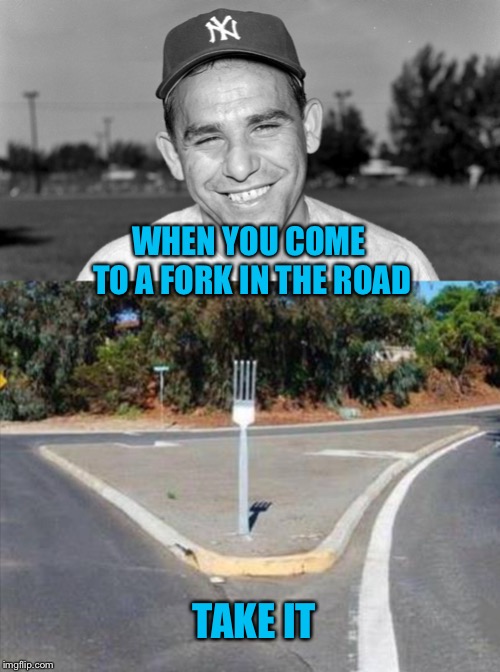 WHEN YOU COME TO A FORK IN THE ROAD TAKE IT | image tagged in fork in the road,yogi berra | made w/ Imgflip meme maker