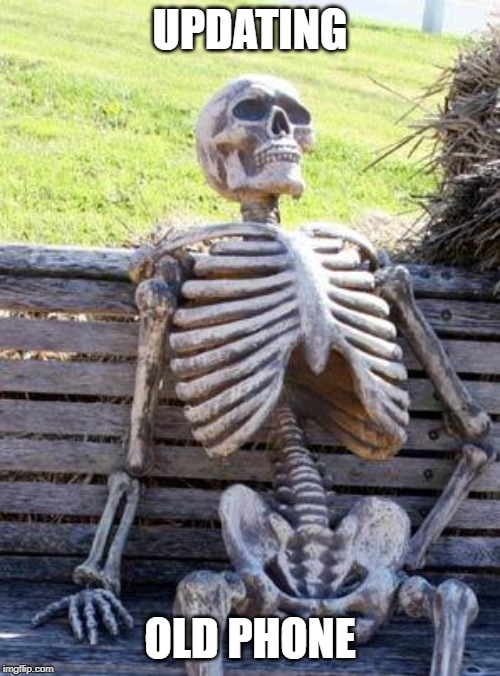 Waiting Skeleton Meme | UPDATING; OLD PHONE | image tagged in memes,waiting skeleton | made w/ Imgflip meme maker