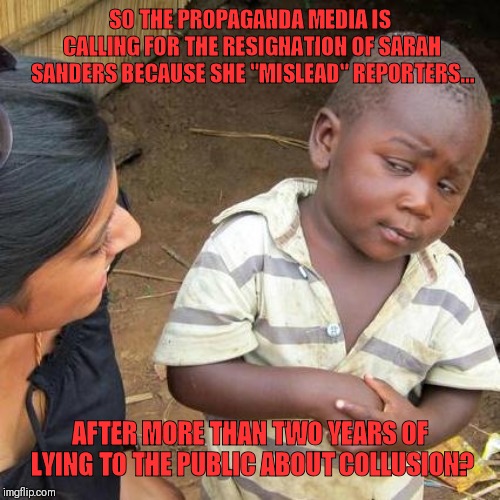 Third World Skeptical Kid Meme | SO THE PROPAGANDA MEDIA IS CALLING FOR THE RESIGNATION OF SARAH SANDERS BECAUSE SHE "MISLEAD" REPORTERS... AFTER MORE THAN TWO YEARS OF LYING TO THE PUBLIC ABOUT COLLUSION? | image tagged in memes,third world skeptical kid | made w/ Imgflip meme maker