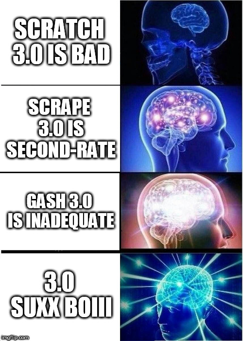 Expanding Brain Meme | SCRATCH 3.0 IS BAD SCRAPE 3.0 IS SECOND-RATE GASH 3.0 IS INADEQUATE 3.0 SUXX BOIII | image tagged in memes,expanding brain | made w/ Imgflip meme maker