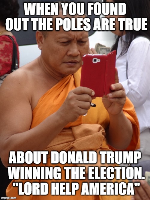 Gamer Monk | WHEN YOU FOUND OUT THE POLES ARE TRUE; ABOUT DONALD TRUMP WINNING THE ELECTION. "LORD HELP AMERICA" | image tagged in gamer monk | made w/ Imgflip meme maker