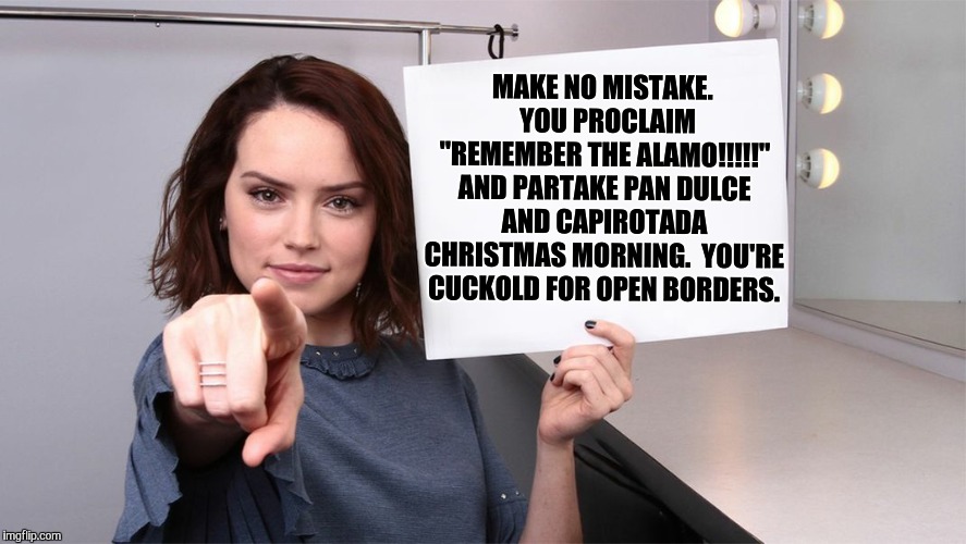 Daisy Ridley |  MAKE NO MISTAKE.  YOU PROCLAIM "REMEMBER THE ALAMO!!!!!" AND PARTAKE PAN DULCE AND CAPIROTADA CHRISTMAS MORNING.  YOU'RE CUCKOLD FOR OPEN BORDERS. | image tagged in daisy ridley | made w/ Imgflip meme maker