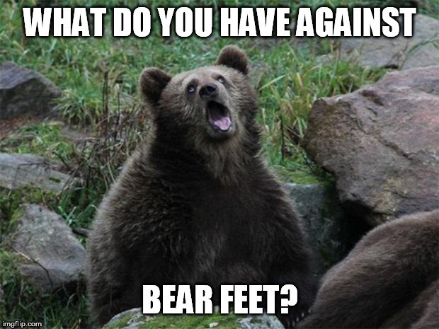 Sarcastic Bear | WHAT DO YOU HAVE AGAINST BEAR FEET? | image tagged in sarcastic bear | made w/ Imgflip meme maker