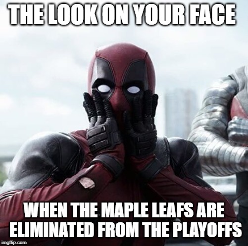 2019 Stanley Cup Finals | THE LOOK ON YOUR FACE; WHEN THE MAPLE LEAFS ARE ELIMINATED FROM THE PLAYOFFS | image tagged in memes,deadpool surprised,nhl,stanley cup | made w/ Imgflip meme maker