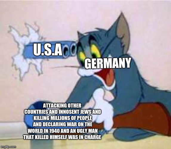 tom the cat shooting himself  | U.S.A; GERMANY; ATTACKING OTHER COUNTRIES AND INNOSENT JEWS AND KILLING MILLIONS OF PEOPLE AND DECLARING WAR ON THE WORLD IN 1940 AND AN UGLY MAN THAT KILLED HIMSELF WAS IN CHARGE | image tagged in tom the cat shooting himself | made w/ Imgflip meme maker