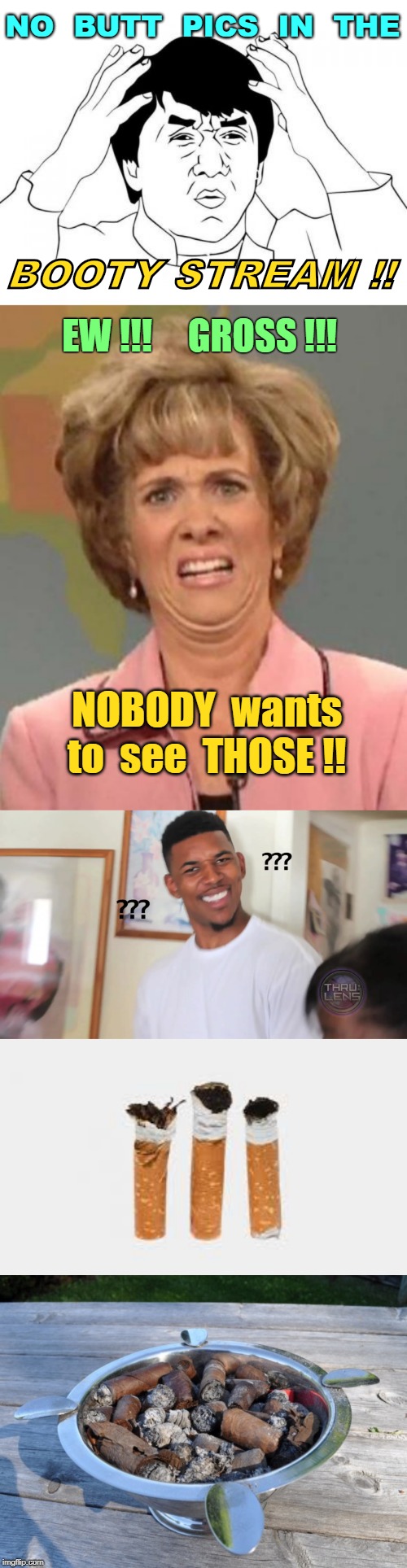 NO BUTT PICS IN THE BOOTY STREAM !! | NO  BUTT  PICS  IN  THE; BOOTY STREAM !! EW !!!     GROSS !!! NOBODY  wants  to  see  THOSE !! | image tagged in jackie chan wtf,disgusted kristin wiig,black guy question mark,rick75230,booty,funny memes | made w/ Imgflip meme maker