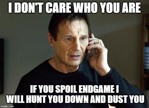 Liam Neeson Taken 2 Meme | I DON'T CARE WHO YOU ARE; IF YOU SPOIL ENDGAME I WILL HUNT YOU DOWN AND DUST YOU | image tagged in memes,liam neeson taken 2 | made w/ Imgflip meme maker