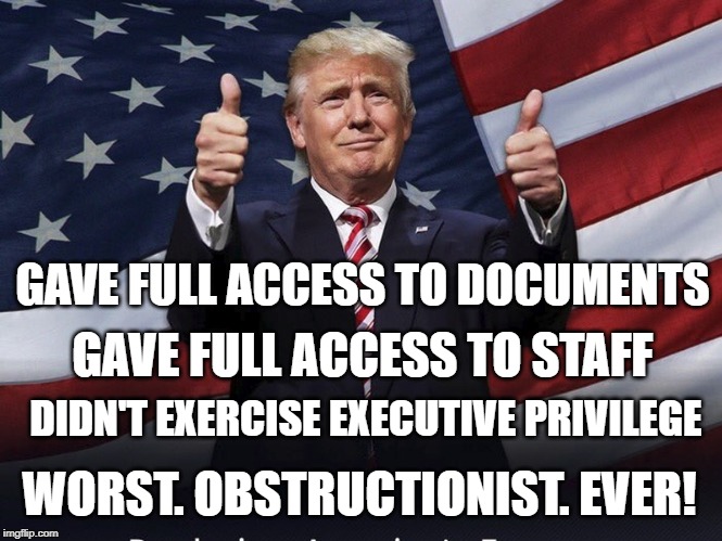 Donald Trump Thumbs Up | GAVE FULL ACCESS TO DOCUMENTS; GAVE FULL ACCESS TO STAFF; DIDN'T EXERCISE EXECUTIVE PRIVILEGE; WORST. OBSTRUCTIONIST. EVER! | image tagged in donald trump thumbs up | made w/ Imgflip meme maker