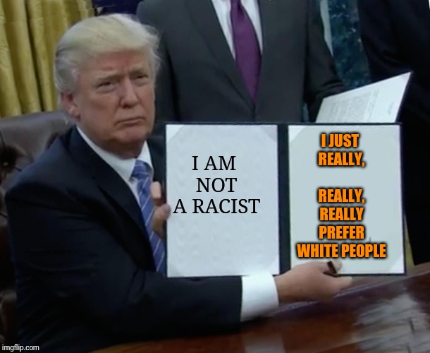 Trump Bill Signing | I JUST REALLY, REALLY, REALLY PREFER WHITE PEOPLE; I AM NOT A RACIST | image tagged in memes,trump bill signing | made w/ Imgflip meme maker