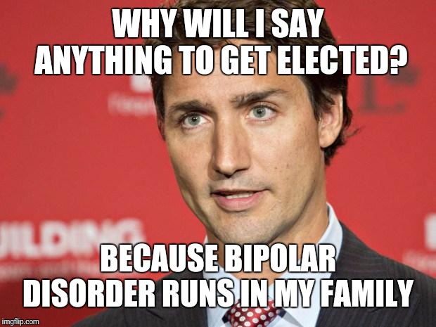 Trudeau | WHY WILL I SAY ANYTHING TO GET ELECTED? BECAUSE BIPOLAR DISORDER RUNS IN MY FAMILY | image tagged in trudeau | made w/ Imgflip meme maker