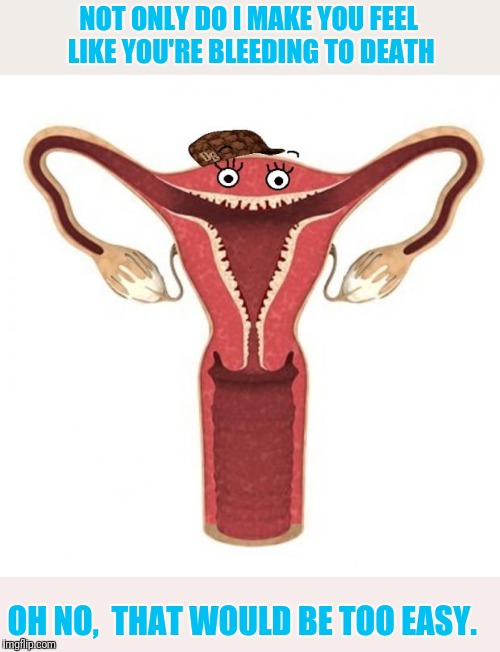 Scumbag Uterus  | NOT ONLY DO I MAKE YOU FEEL LIKE YOU'RE BLEEDING TO DEATH OH NO,  THAT WOULD BE TOO EASY. | image tagged in scumbag uterus | made w/ Imgflip meme maker