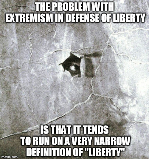 THE PROBLEM WITH EXTREMISM IN DEFENSE OF LIBERTY; IS THAT IT TENDS TO RUN ON A VERY NARROW DEFINITION OF "LIBERTY" | image tagged in liberty,extremist,revolution,tyranny,oligarchy,dystopia | made w/ Imgflip meme maker