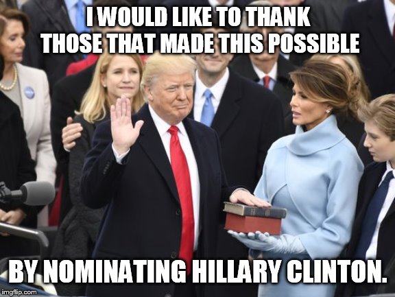 blame hilldog | I WOULD LIKE TO THANK THOSE THAT MADE THIS POSSIBLE; BY NOMINATING HILLARY CLINTON. | image tagged in trump inauguration | made w/ Imgflip meme maker