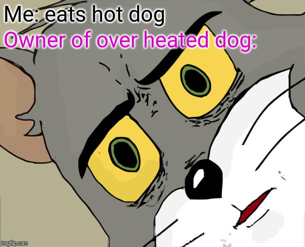 Unsettled Tom Meme | Me: eats hot dog; Owner of over heated dog: | image tagged in memes,unsettled tom | made w/ Imgflip meme maker