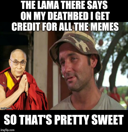Hey Lama! How about a little sumthin for the effort? | THE LAMA THERE SAYS ON MY DEATHBED I GET CREDIT FOR ALL THE MEMES; SO THAT'S PRETTY SWEET | image tagged in memes,so i got that goin for me which is nice,frontpage | made w/ Imgflip meme maker