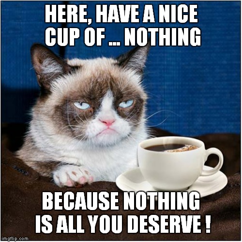 Grumpys Lack of Generosity | HERE, HAVE A NICE CUP OF ... NOTHING; BECAUSE NOTHING IS ALL YOU DESERVE ! | image tagged in cats,grumpy cat | made w/ Imgflip meme maker