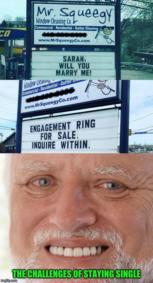 Hide the pain of rejection | _____; ____; THE CHALLENGES OF STAYING SINGLE | image tagged in hide the pain harold,marry me,proposal,sign,pipe_picasso,engagement ring | made w/ Imgflip meme maker