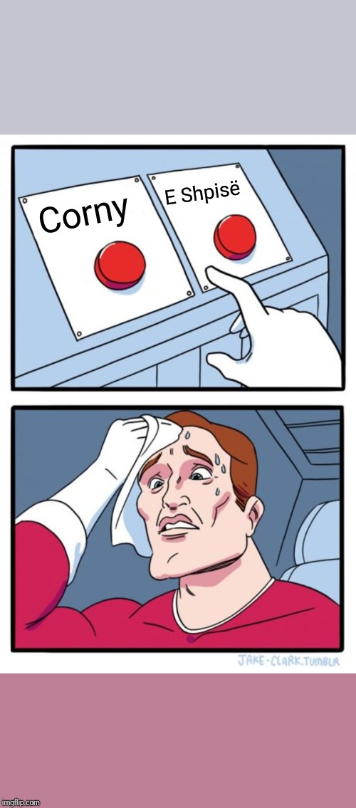 Two Buttons Meme | E Shpisë; Corny | image tagged in memes,two buttons | made w/ Imgflip meme maker