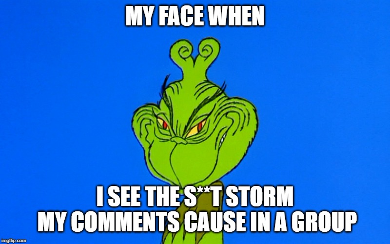 grinch smiling | MY FACE WHEN; I SEE THE S**T STORM MY COMMENTS CAUSE IN A GROUP | image tagged in grinch smiling | made w/ Imgflip meme maker