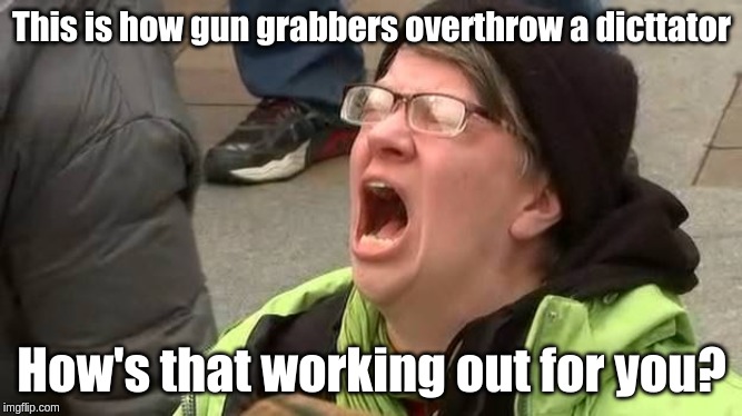 Screaming Trump Protester at Inauguration | This is how gun grabbers overthrow a dicttator; How's that working out for you? | image tagged in screaming trump protester at inauguration,gun roghts,tyranny,revolution,anarchy,ar15 | made w/ Imgflip meme maker