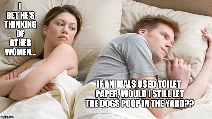 I Bet He's Thinking About Other Women | I BET HE'S THINKING OF OTHER WOMEN... IF ANIMALS USED TOILET PAPER, WOULD I STILL LET THE DOGS POOP IN THE YARD?? | image tagged in i bet he's thinking about other women | made w/ Imgflip meme maker