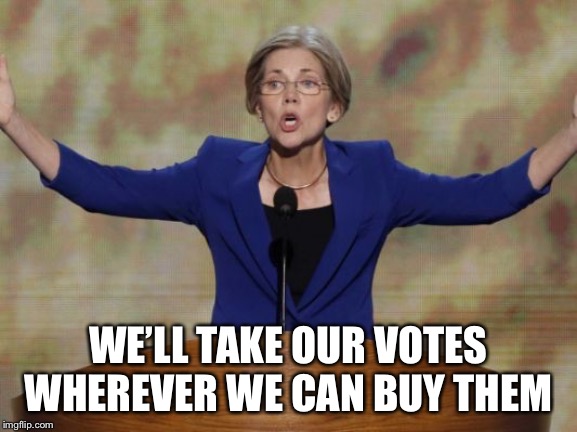 Elizabeth Warren | WE’LL TAKE OUR VOTES WHEREVER WE CAN BUY THEM | image tagged in elizabeth warren | made w/ Imgflip meme maker
