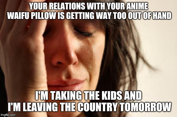 First World Problems | YOUR RELATIONS WITH YOUR ANIME WAIFU PILLOW IS GETTING WAY TOO OUT OF HAND; I'M TAKING THE KIDS AND I'M LEAVING THE COUNTRY TOMORROW | image tagged in memes,first world problems | made w/ Imgflip meme maker