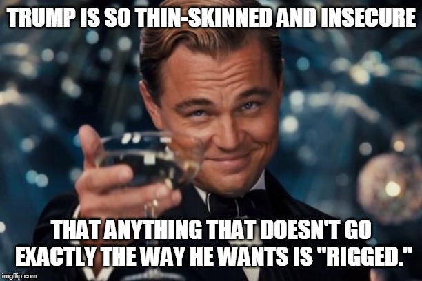Trump never takes responsibility. | TRUMP IS SO THIN-SKINNED AND INSECURE; THAT ANYTHING THAT DOESN'T GO EXACTLY THE WAY HE WANTS IS "RIGGED." | image tagged in memes,leonardo dicaprio cheers,trump,weak,snowflake,alibi | made w/ Imgflip meme maker