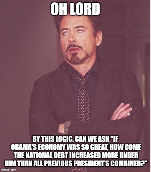 Face You Make Robert Downey Jr Meme | OH LORD BY THIS LOGIC, CAN WE ASK "IF OBAMA'S ECONOMY WAS SO GREAT, HOW COME THE NATIONAL DEBT INCREASED MORE UNDER HIM THAN ALL PREVIOUS PR | image tagged in memes,face you make robert downey jr | made w/ Imgflip meme maker