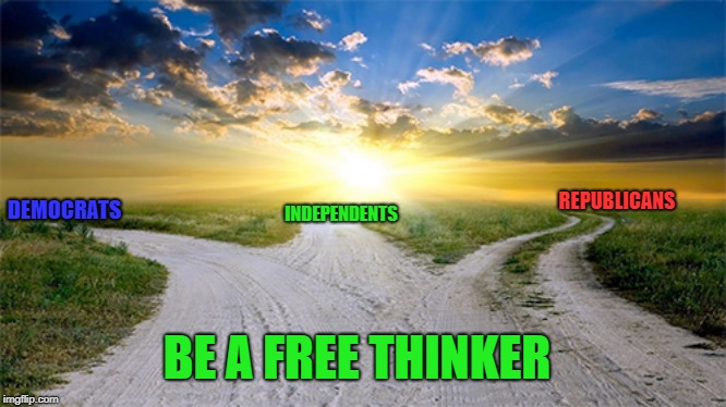 Fork In The Road 4 Ways | REPUBLICANS; INDEPENDENTS; DEMOCRATS; BE A FREE THINKER | image tagged in fork in the road 4 ways | made w/ Imgflip meme maker