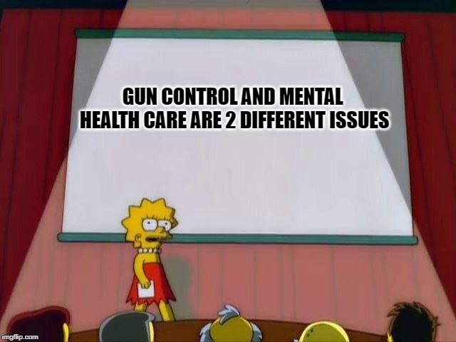 Lisa Simpson's Presentation | GUN CONTROL AND
MENTAL HEALTH CARE ARE 2 DIFFERENT ISSUES | image tagged in lisa simpson's presentation | made w/ Imgflip meme maker