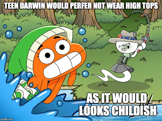 Teen Carrie's Big Catch | TEEN DARWIN WOULD PERFER NOT WEAR HIGH TOPS; AS IT WOULD LOOKS CHILDISH | image tagged in carrie,darwin watterson,memes,the amazing world of gumball | made w/ Imgflip meme maker