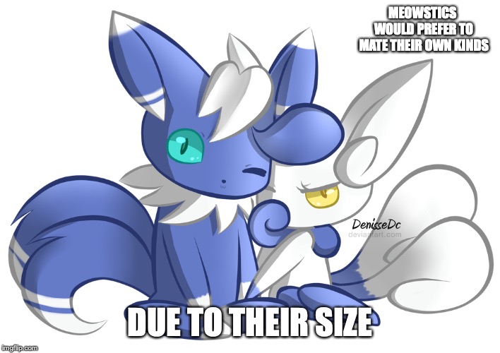 Meowstics | MEOWSTICS WOULD PREFER TO MATE THEIR OWN KINDS; DUE TO THEIR SIZE | image tagged in meowstic,pokemon,memes | made w/ Imgflip meme maker
