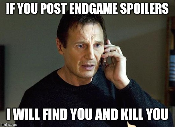Liam Neeson Taken 2 | IF YOU POST ENDGAME SPOILERS; I WILL FIND YOU AND KILL YOU | image tagged in memes,liam neeson taken 2 | made w/ Imgflip meme maker