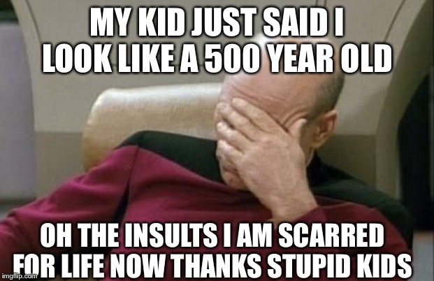 Captain Picard Facepalm Meme | MY KID JUST SAID I LOOK LIKE A 500 YEAR OLD; OH THE INSULTS I AM SCARRED FOR LIFE NOW THANKS STUPID KIDS | image tagged in memes,captain picard facepalm | made w/ Imgflip meme maker