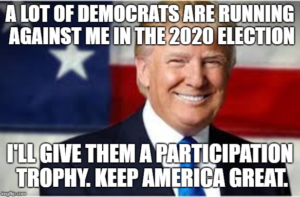 Winning! | A LOT OF DEMOCRATS ARE RUNNING AGAINST ME IN THE 2020 ELECTION; I'LL GIVE THEM A PARTICIPATION TROPHY. KEEP AMERICA GREAT. | image tagged in donald trump | made w/ Imgflip meme maker