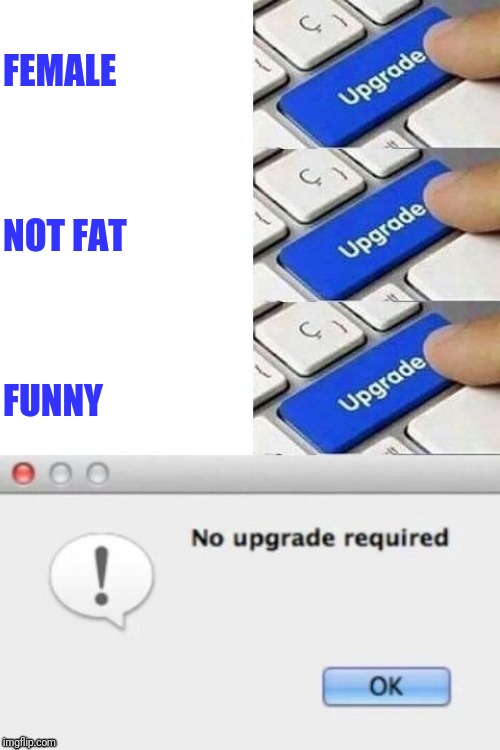 No upgrade required 3 | FEMALE NOT FAT FUNNY | image tagged in no upgrade required 3 | made w/ Imgflip meme maker