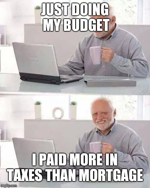 Hide the Pain Harold | JUST DOING MY BUDGET; I PAID MORE IN TAXES THAN MORTGAGE | image tagged in memes,hide the pain harold | made w/ Imgflip meme maker