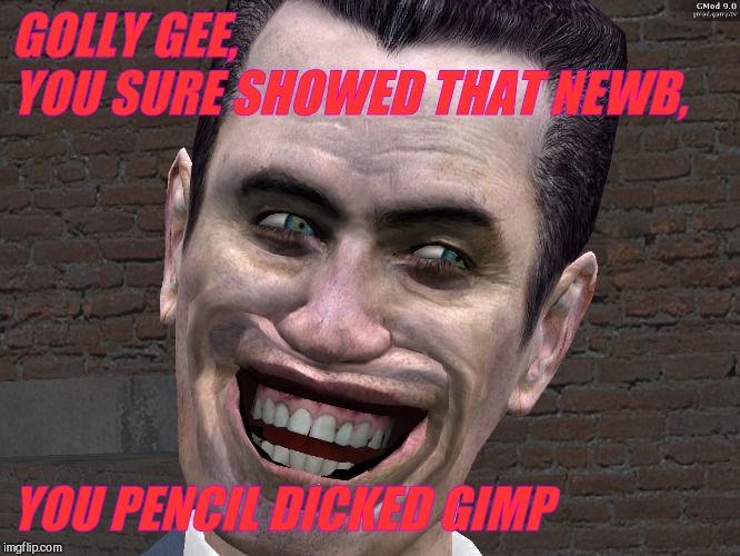 . | GOLLY GEE, YOU SURE SHOWED THAT NEWB, YOU PENCIL DICKED GIMP | image tagged in g-man from half-life | made w/ Imgflip meme maker