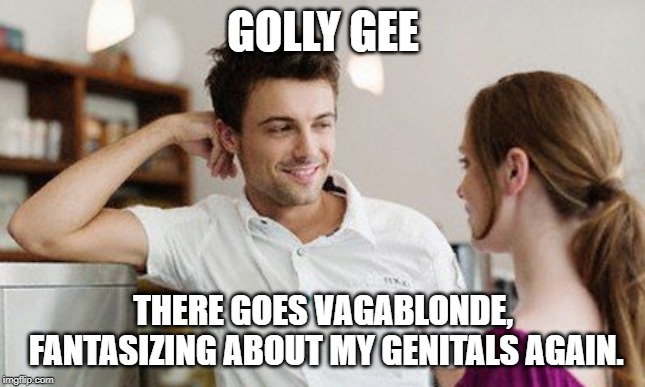 Flirt | GOLLY GEE THERE GOES VAGABLONDE, FANTASIZING ABOUT MY GENITALS AGAIN. | image tagged in flirt | made w/ Imgflip meme maker
