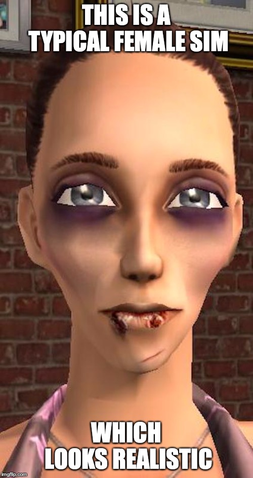 Female Sim | THIS IS A TYPICAL FEMALE SIM; WHICH LOOKS REALISTIC | image tagged in the sims,memes | made w/ Imgflip meme maker
