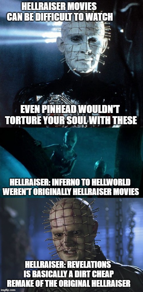 HELLRAISER MOVIES CAN BE DIFFICULT TO WATCH; EVEN PINHEAD WOULDN'T TORTURE YOUR SOUL WITH THESE; HELLRAISER: INFERNO TO HELLWORLD WEREN'T ORIGINALLY HELLRAISER MOVIES; HELLRAISER: REVELATIONS IS BASICALLY A DIRT CHEAP REMAKE OF THE ORIGINAL HELLRAISER | image tagged in hellraiser,bad movies,hell,torture | made w/ Imgflip meme maker