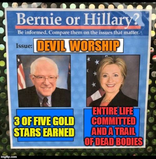 at this point no one cares except the soros C.I.A. controlled media. | DEVIL  WORSHIP; ENTIRE LIFE COMMITTED AND A TRAIL OF DEAD BODIES; 3 OF FIVE GOLD STARS EARNED | image tagged in bernie or hillary,communists,clinton cash,evil politicians,meme meme | made w/ Imgflip meme maker
